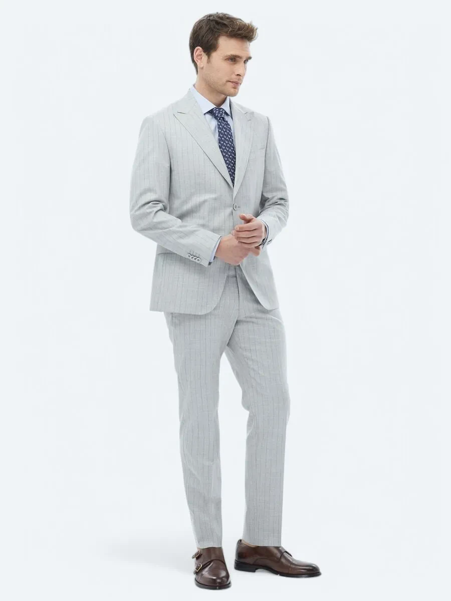 Açık Gri Çizgili Modern Fit Takım Elbise - 8
