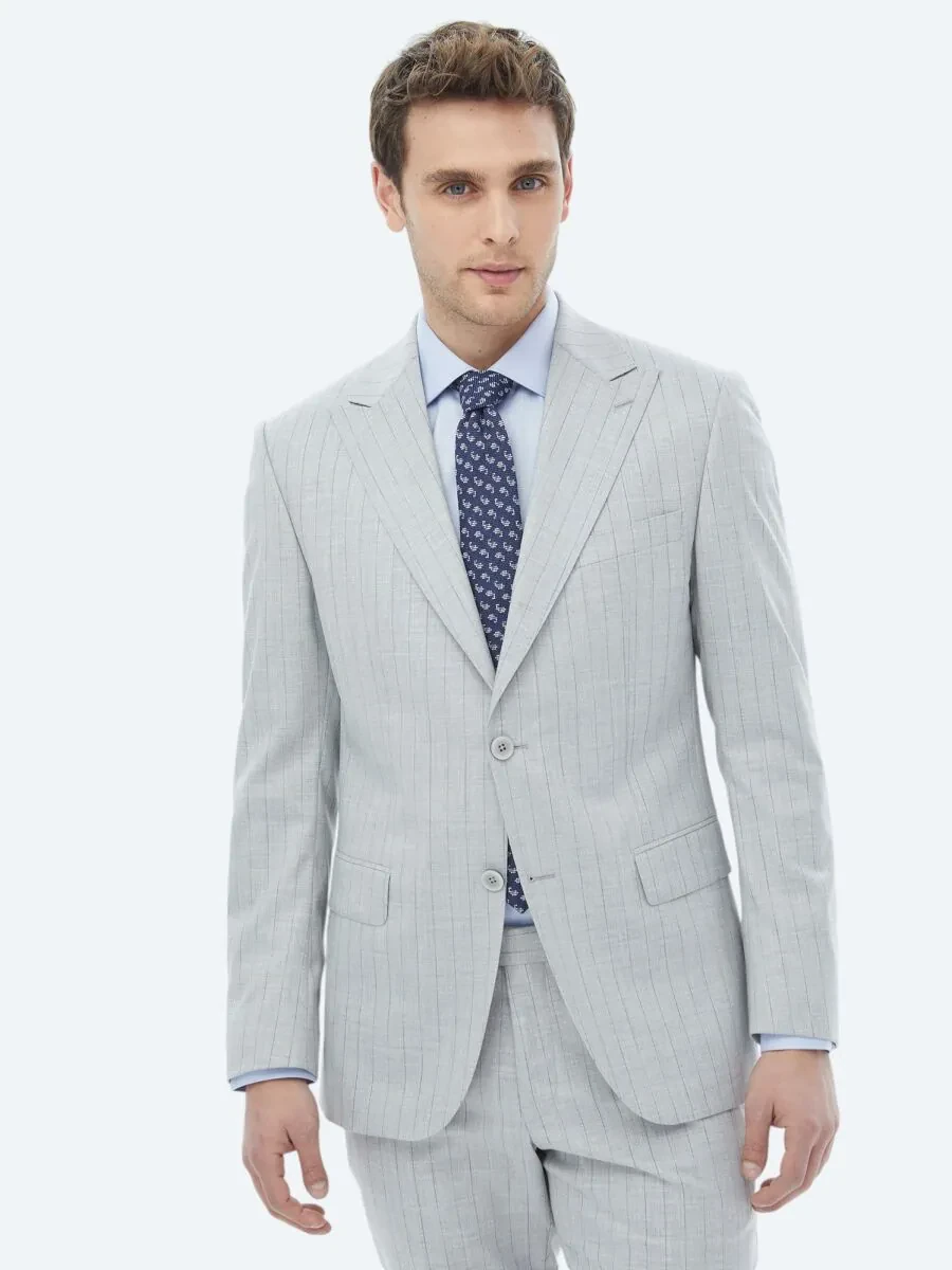 Açık Gri Çizgili Modern Fit Takım Elbise - 10