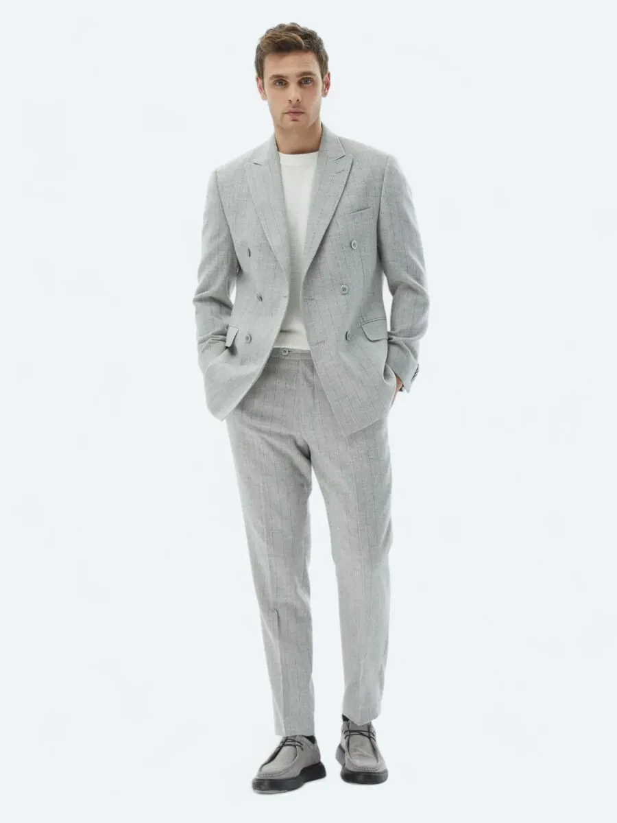 Açık Gri Çizgili Modern Fit Yün Karışımlı Takım Elbise - 1
