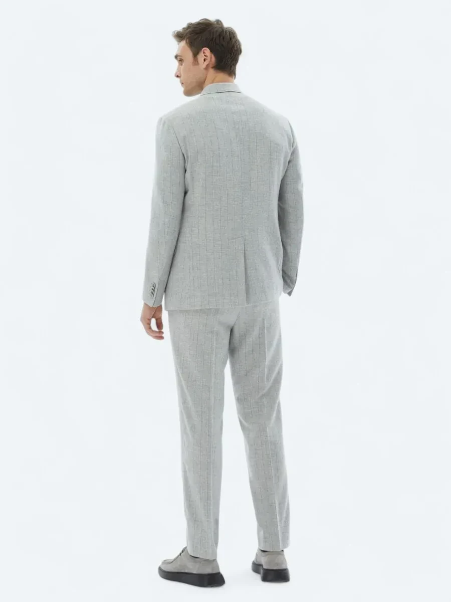 Açık Gri Çizgili Modern Fit Yün Karışımlı Takım Elbise - 8