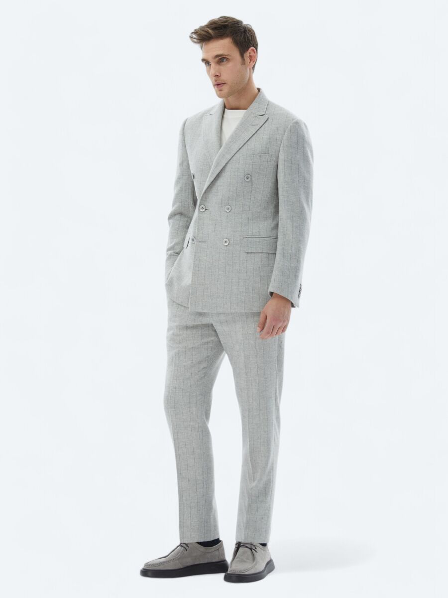 Açık Gri Çizgili Modern Fit Yün Karışımlı Takım Elbise - 3