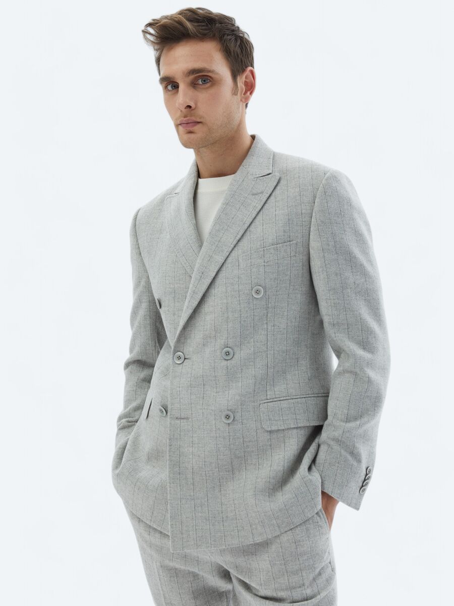 Açık Gri Çizgili Modern Fit Yün Karışımlı Takım Elbise - 4