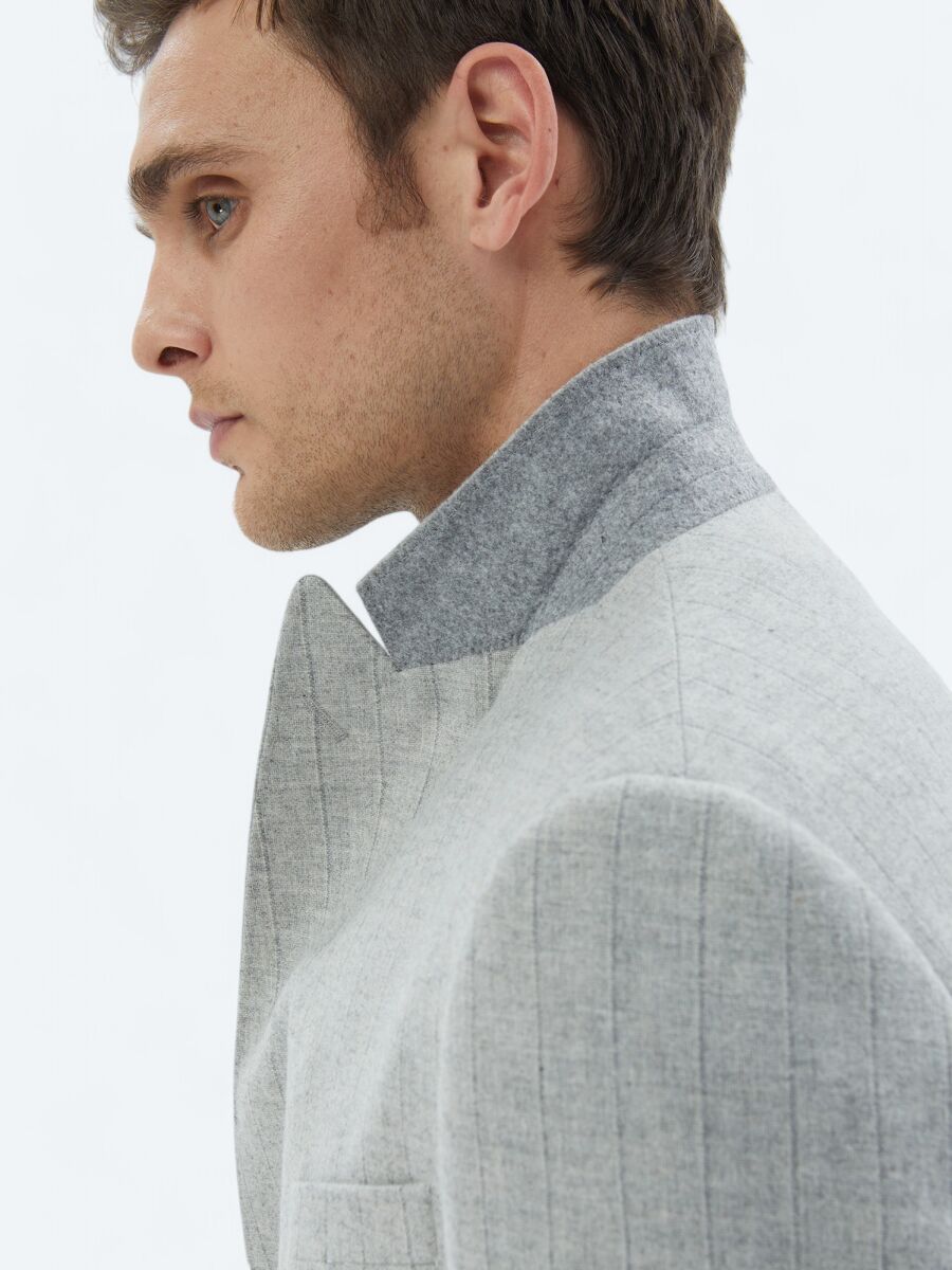 Açık Gri Çizgili Modern Fit Yün Karışımlı Takım Elbise - 6