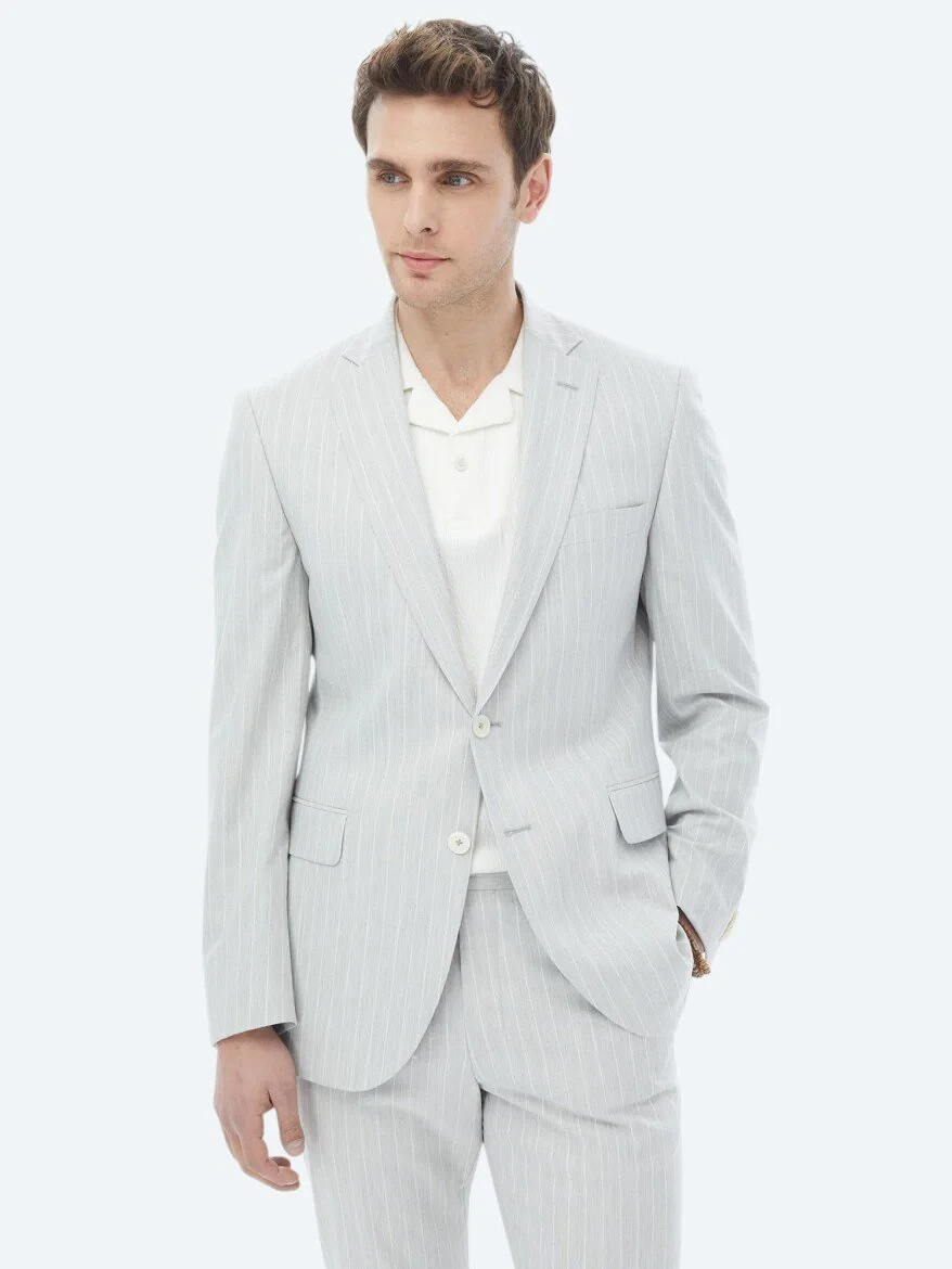 Açık Gri Çizgili Slim Fit Takım Elbise - 2