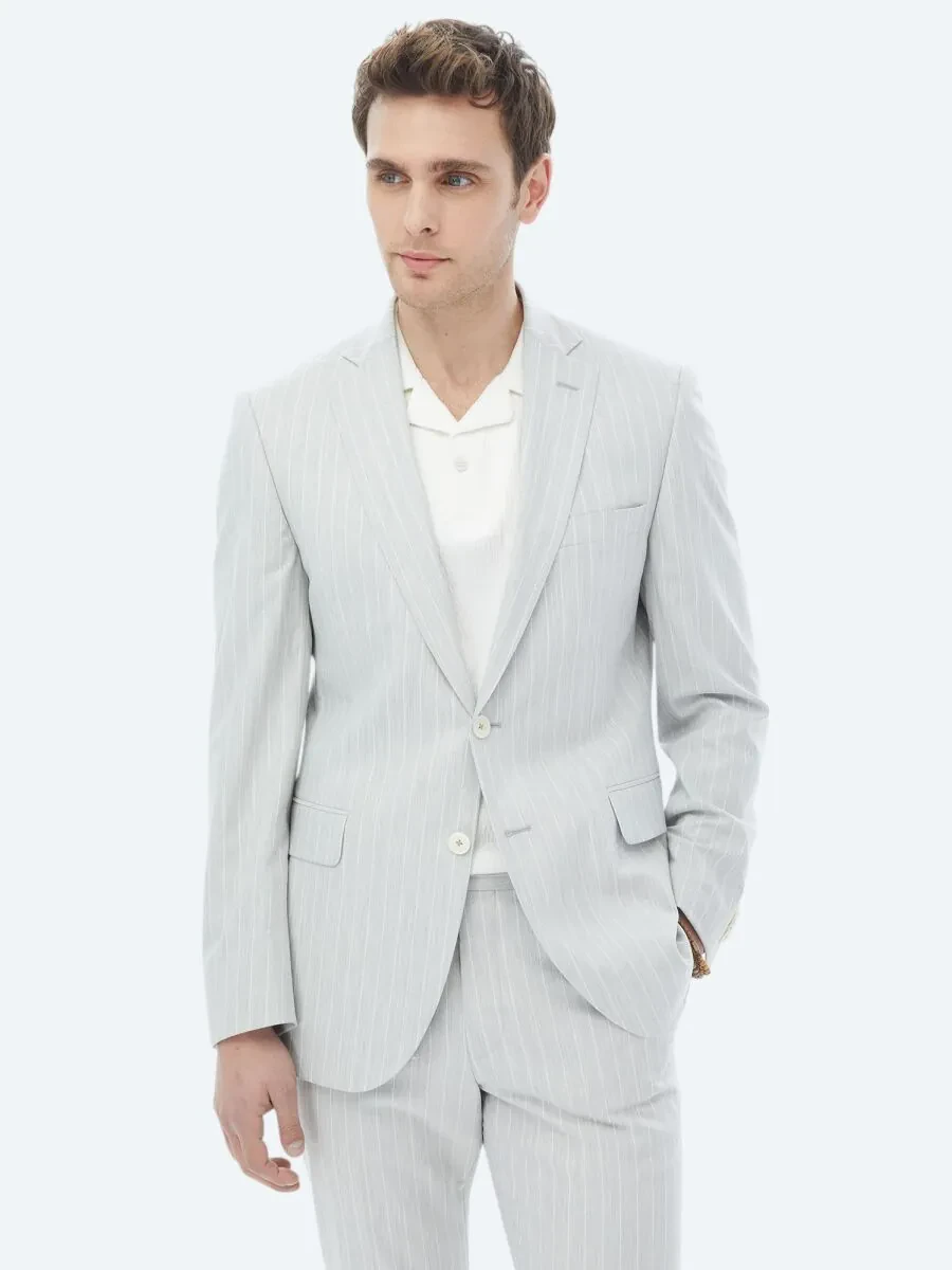 Açık Gri Çizgili Slim Fit Takım Elbise - 2