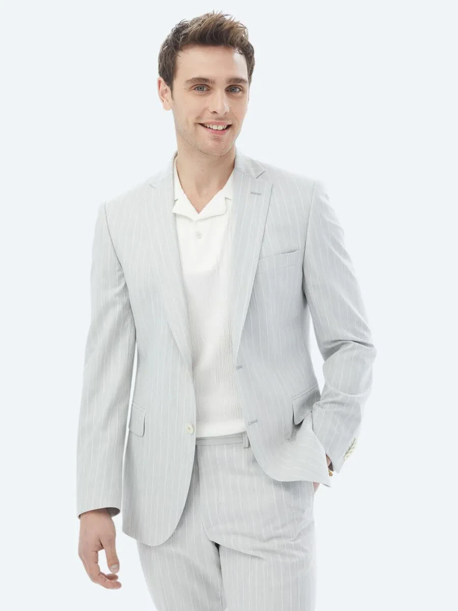 Açık Gri Çizgili Slim Fit Takım Elbise - 3