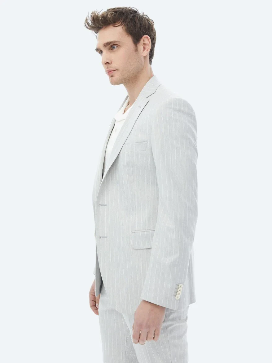 Açık Gri Çizgili Slim Fit Takım Elbise - 4