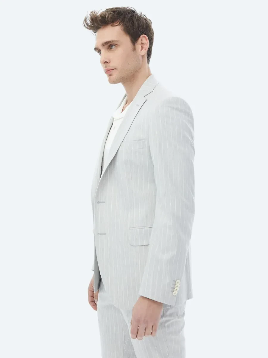 Açık Gri Çizgili Slim Fit Takım Elbise - 4