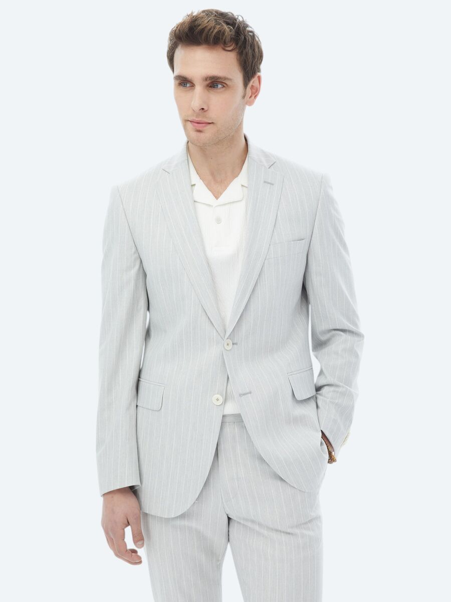 Açık Gri Çizgili Slim Fit Takım Elbise - 2