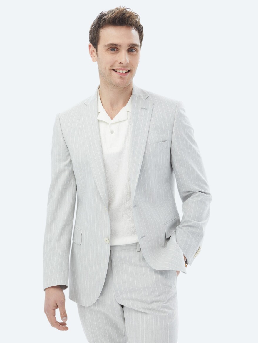 Açık Gri Çizgili Slim Fit Takım Elbise - 3