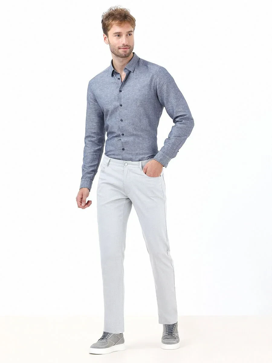 Açık Gri Dokuma Slim Fit Casual Pamuk Karışımlı Pantolon - 2