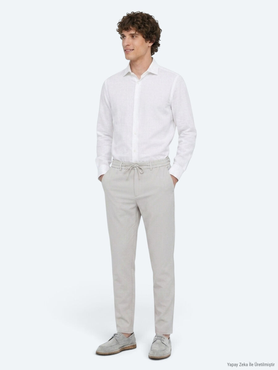 Açık Gri Düz Dokuma Jogging Fit Casual Pantolon - 1