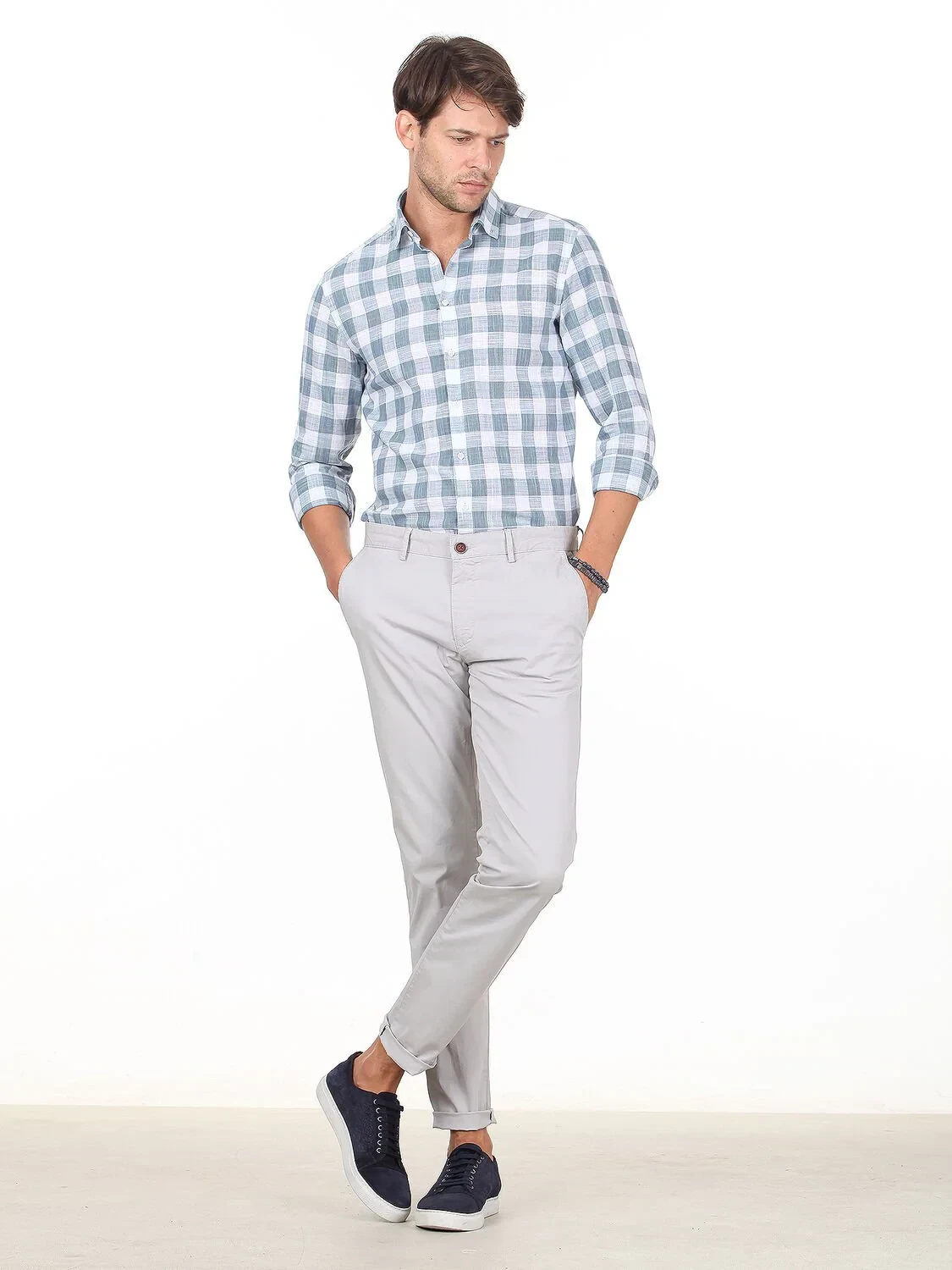 Açık Gri Düz Dokuma Regular Fit Casual Pamuk Karışımlı Pantolon - 1