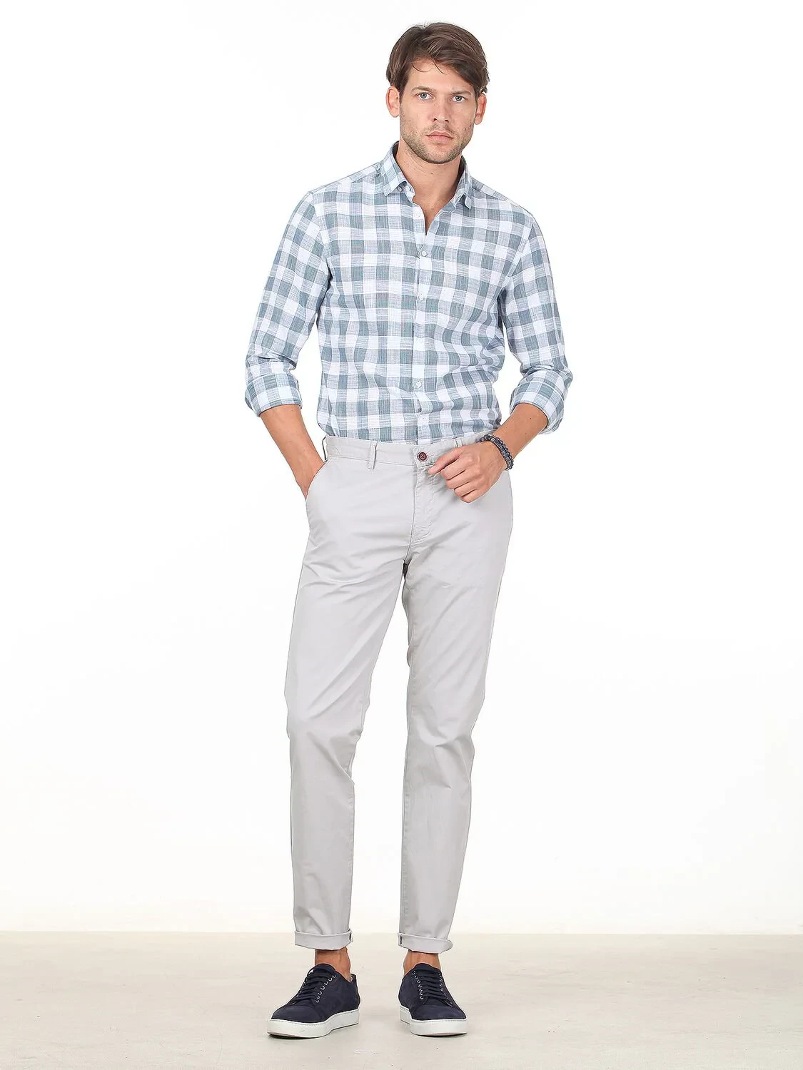 Açık Gri Düz Dokuma Regular Fit Casual Pamuk Karışımlı Pantolon - 2