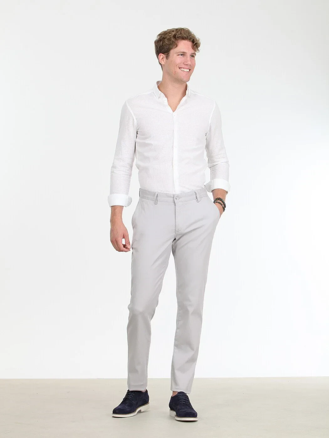 Açık Gri Düz Dokuma Slim Fit Casual Pamuk Karışımlı Pantolon - KİP