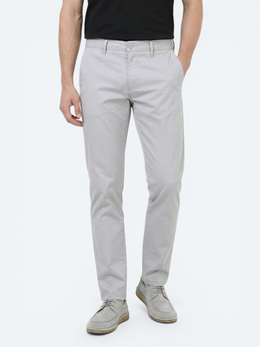 Açık Gri Düz Dokuma Slim Fit Casual Pamuk Karışımlı Pantolon - KİP