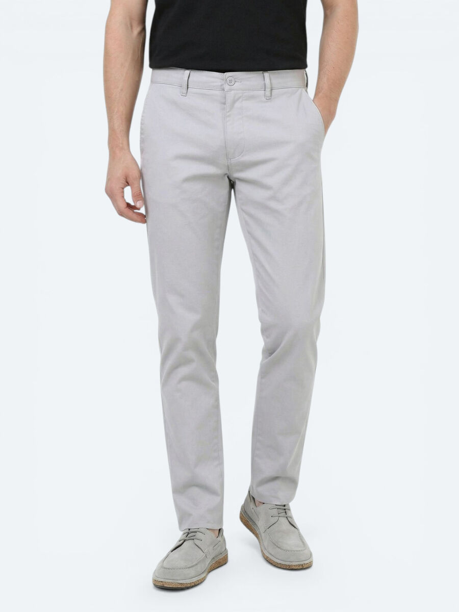 Açık Gri Düz Dokuma Slim Fit Casual Pamuk Karışımlı Pantolon - 2