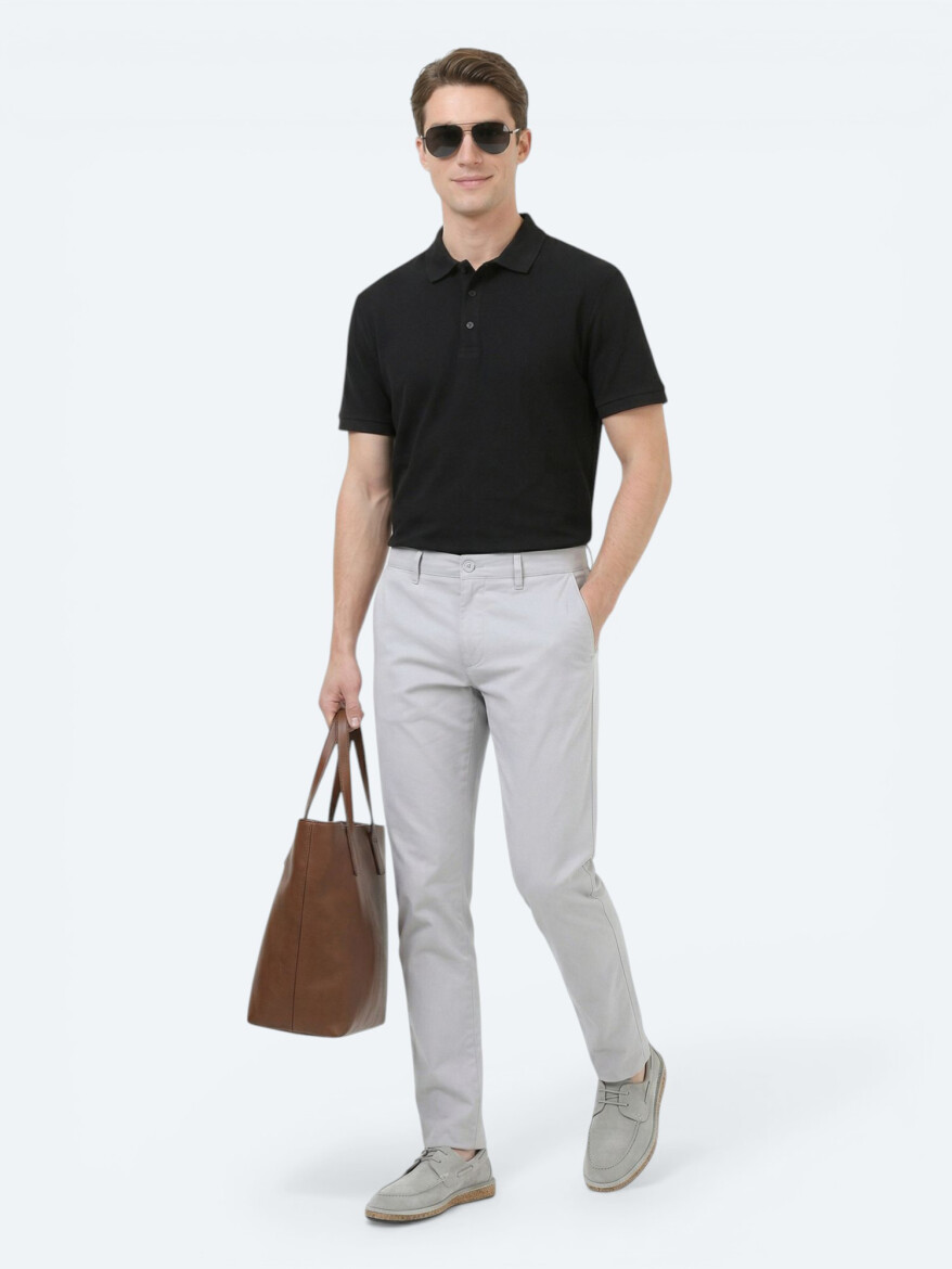 Açık Gri Düz Dokuma Slim Fit Casual Pamuk Karışımlı Pantolon - 3