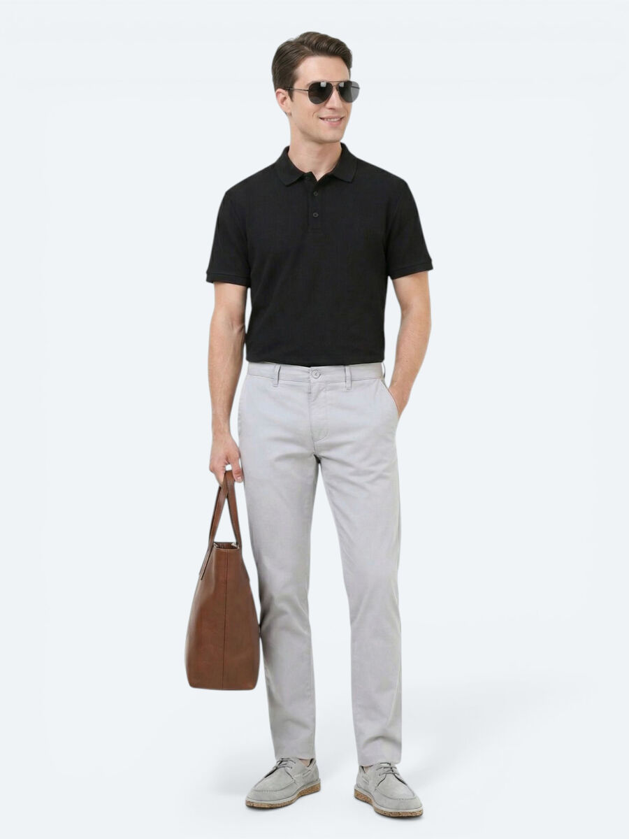 Açık Gri Düz Dokuma Slim Fit Casual Pamuk Karışımlı Pantolon - 5