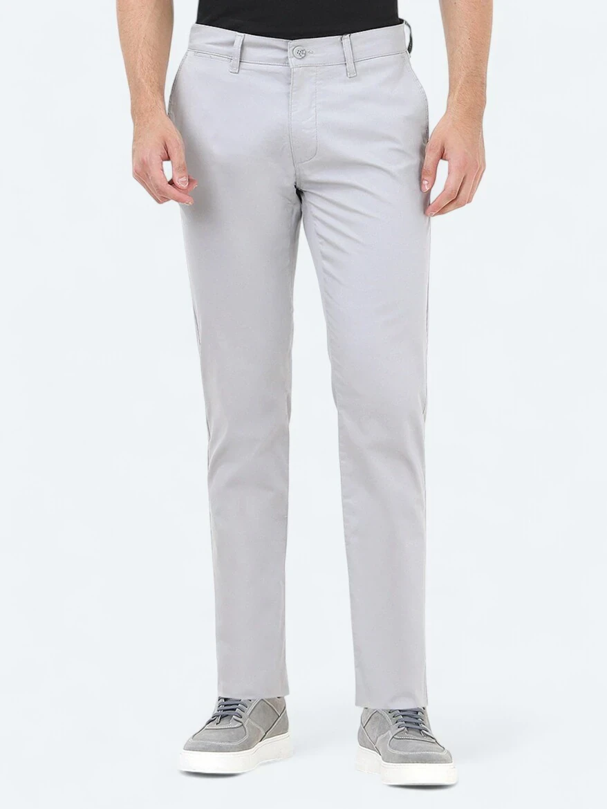 Açık Gri Düz Dokuma Slim Fit Casual Pamuk Karışımlı Pantolon - 2