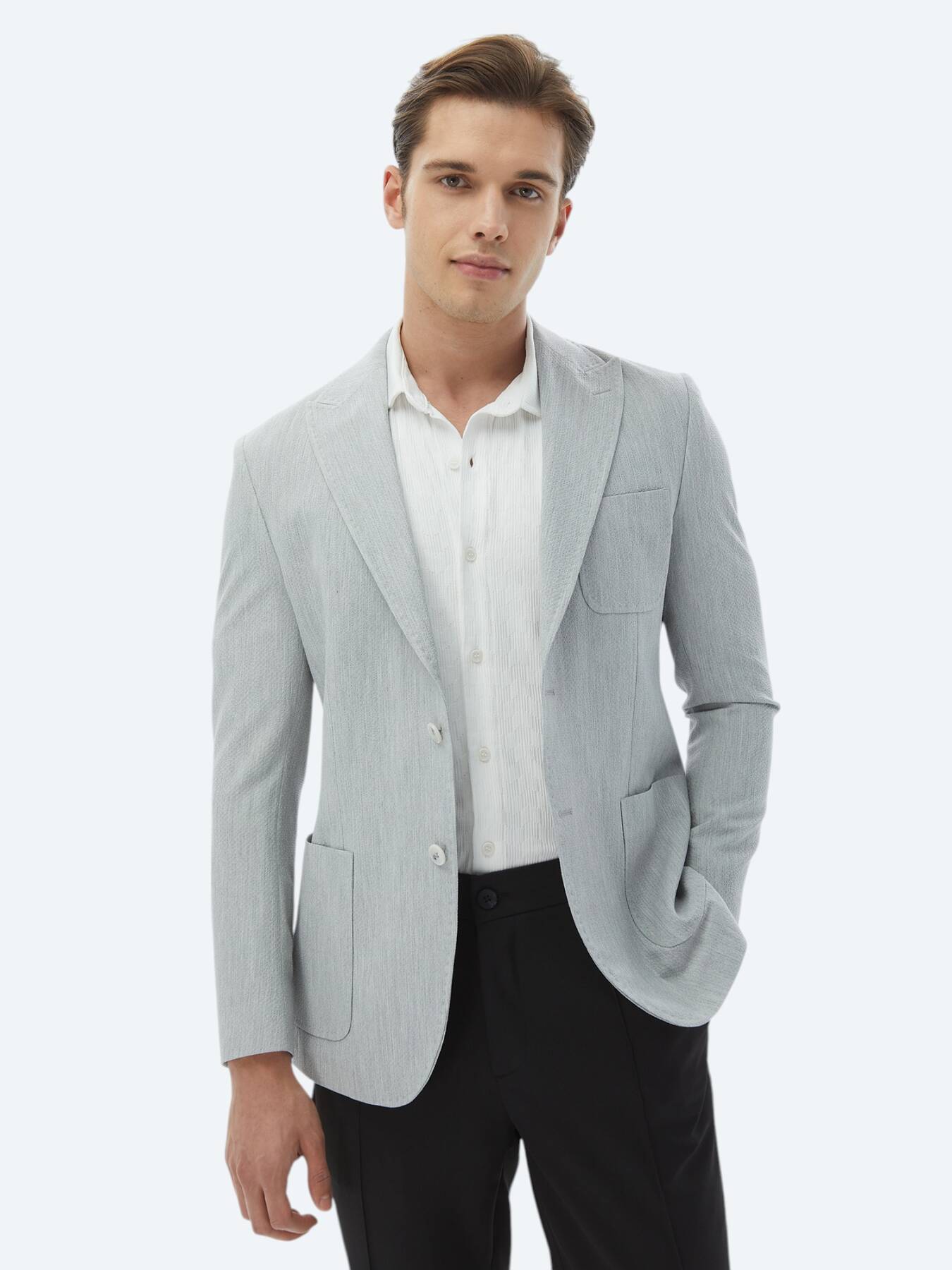 Açık Gri Düz Modern Fit Ceket