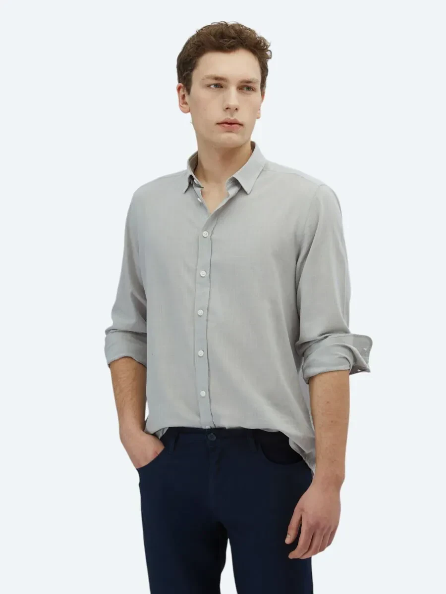 Açık Gri Düz Regular Fit Dokuma Casual %100 Pamuk Gömlek - 1