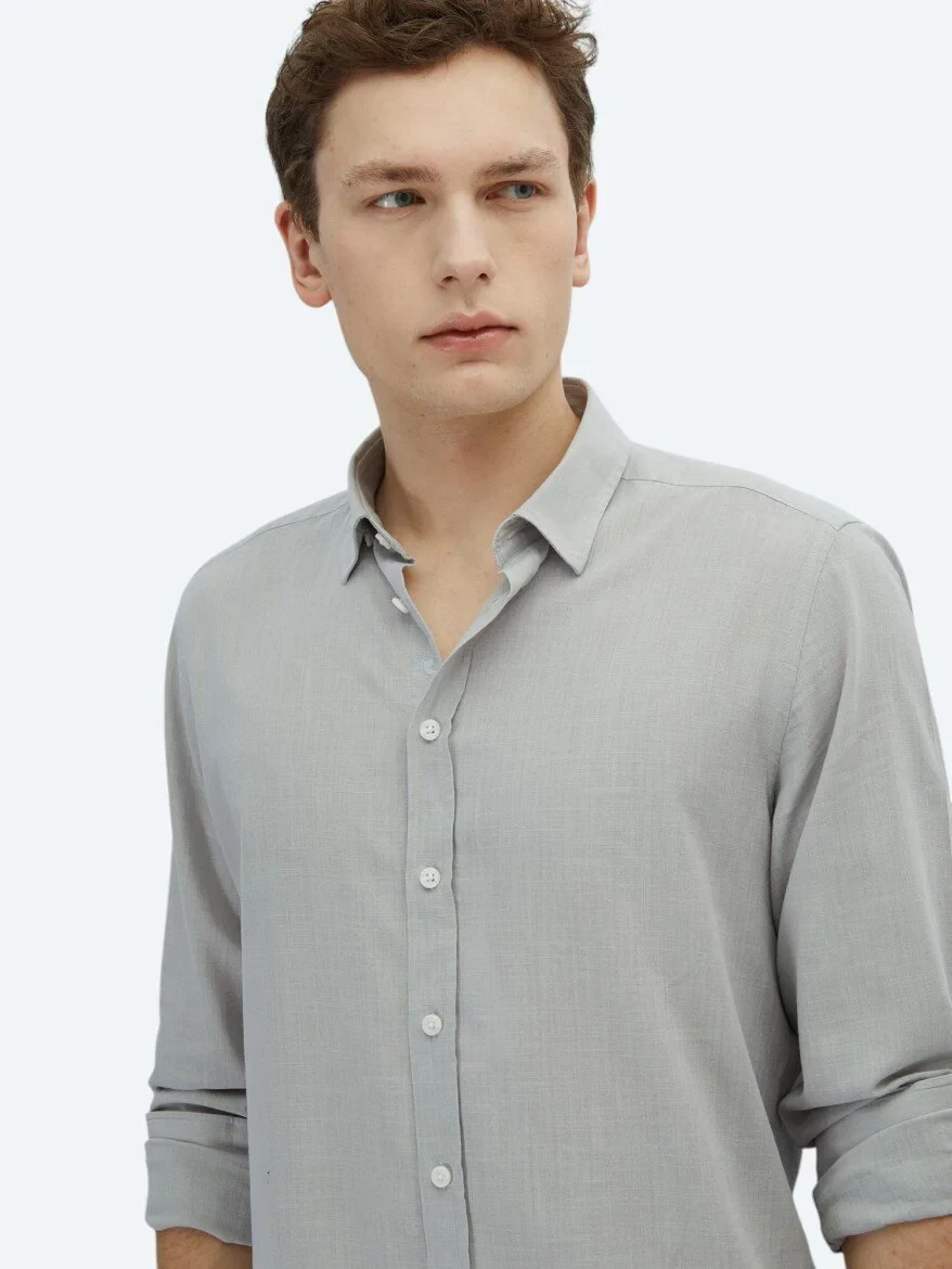 Açık Gri Düz Regular Fit Dokuma Casual %100 Pamuk Gömlek - 3