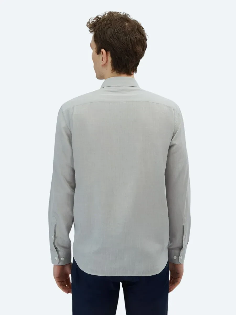 Açık Gri Düz Regular Fit Dokuma Casual %100 Pamuk Gömlek - 5