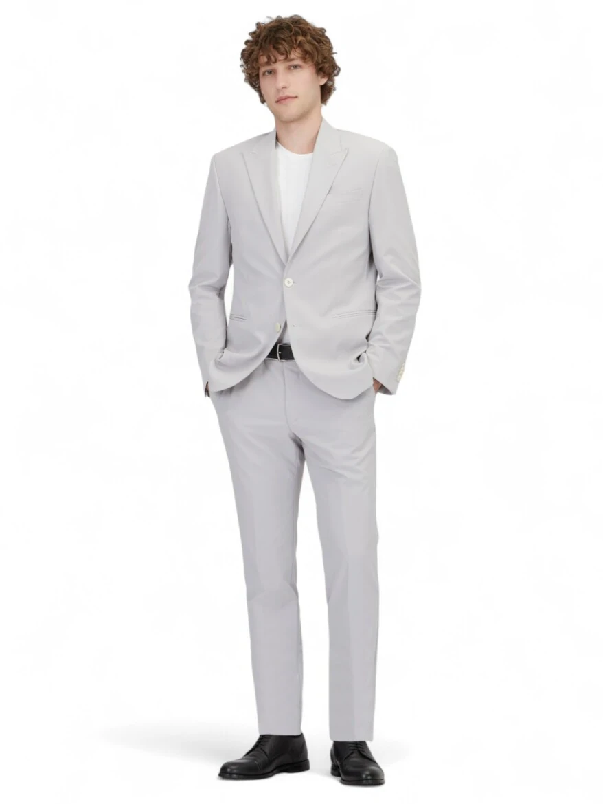 Açık Gri Düz Slim Fit Takım Elbise - 2