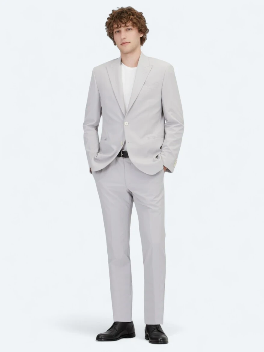 Açık Gri Düz Slim Fit Takım Elbise - 2
