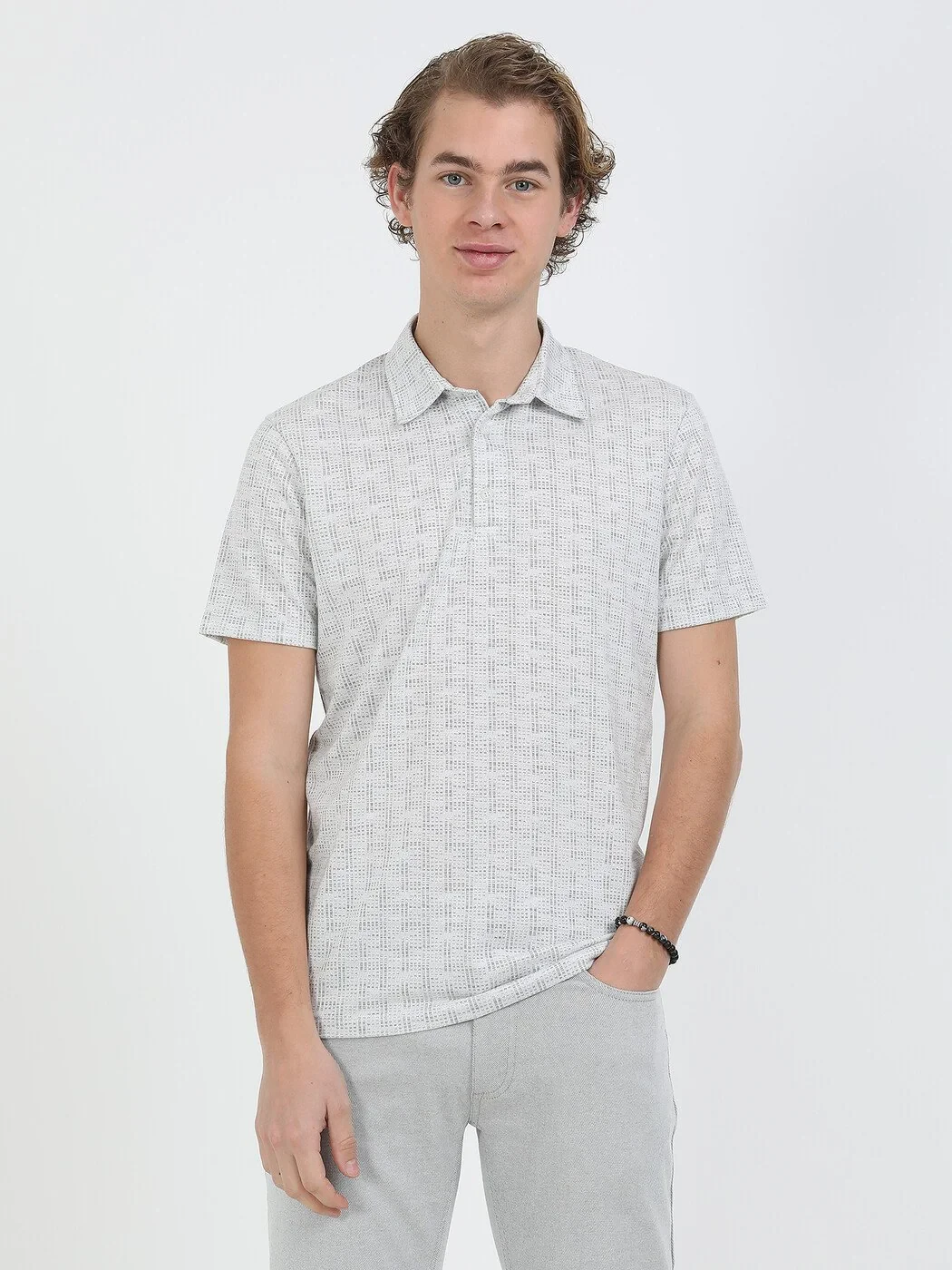 Açık Gri Jakarlı Polo Yaka T-Shirt - 2