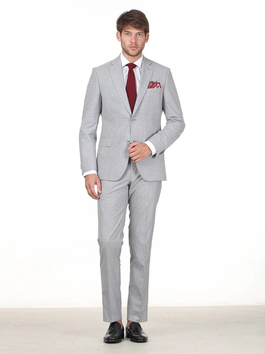 Açık Gri Kareli Modern Fit Takım Elbise - 1