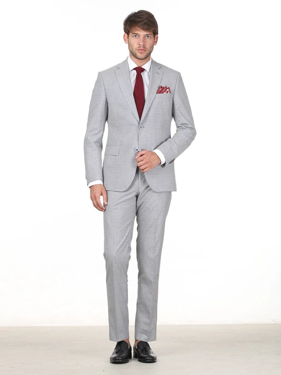 Açık Gri Kareli Modern Fit Takım Elbise - 1