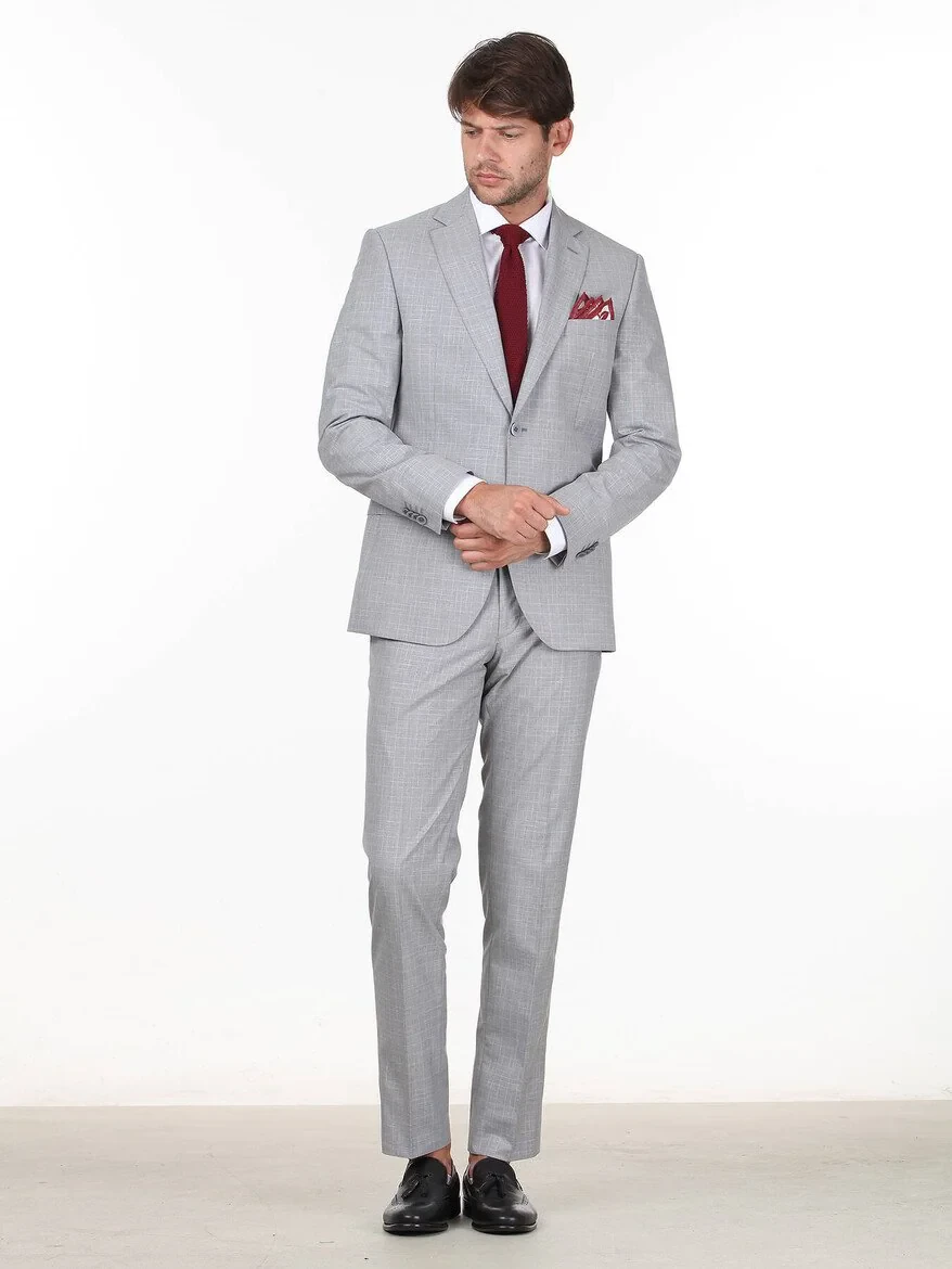 Açık Gri Kareli Modern Fit Takım Elbise - 2