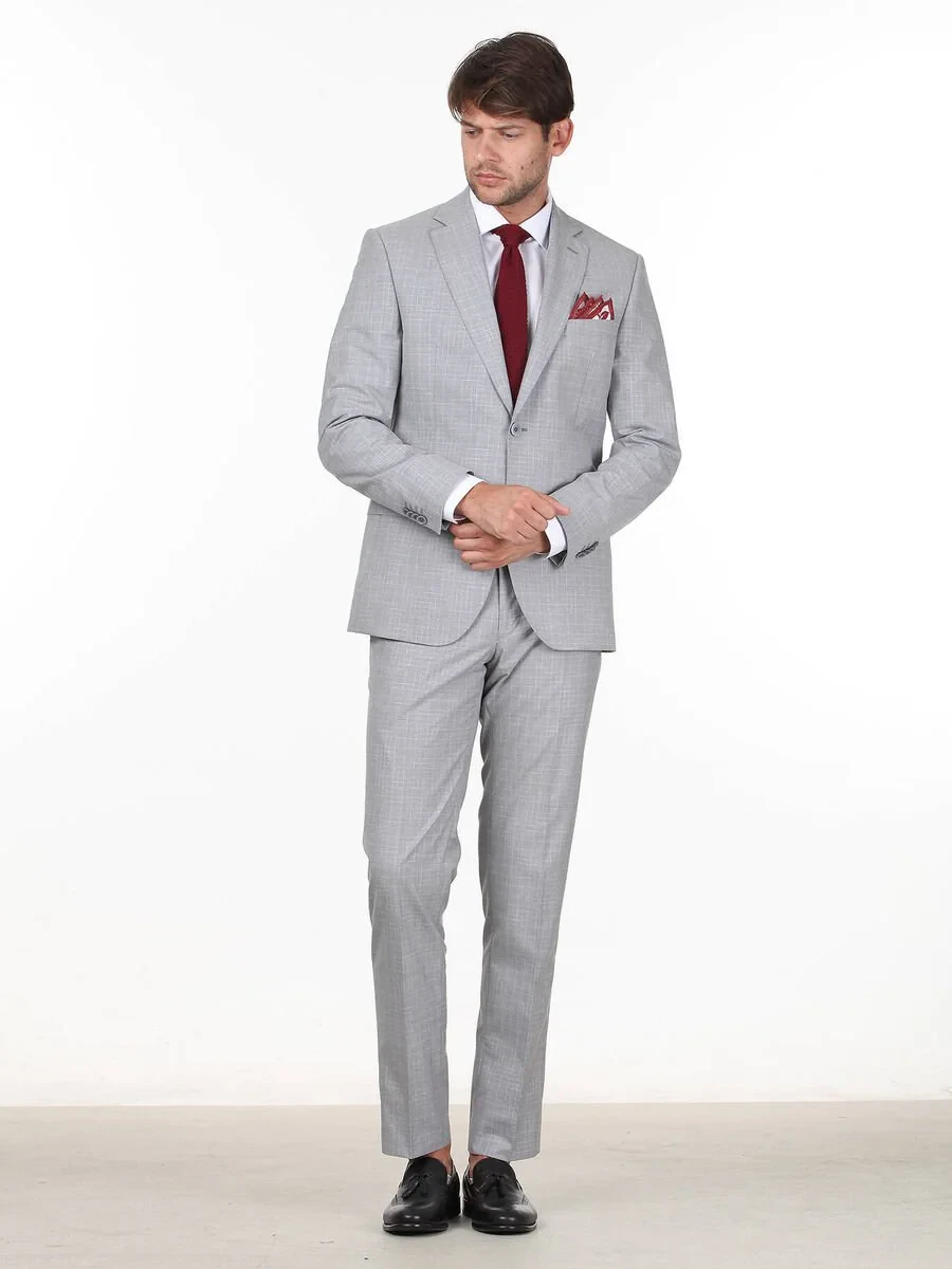 Açık Gri Kareli Modern Fit Takım Elbise - 2