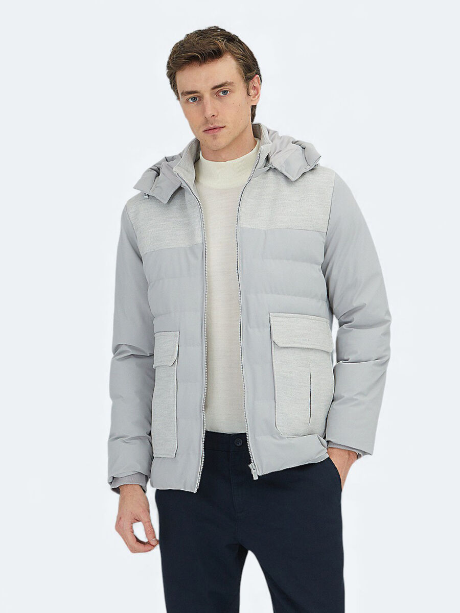 Açık Gri Regular Fit Dik Yaka Casual Dokuma Mont - 1