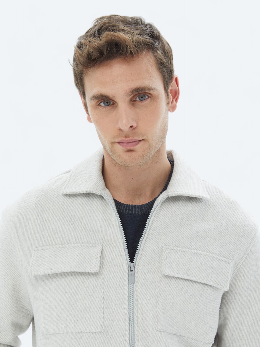 Açık Gri Regular Fit Dokuma Overshırt - 4