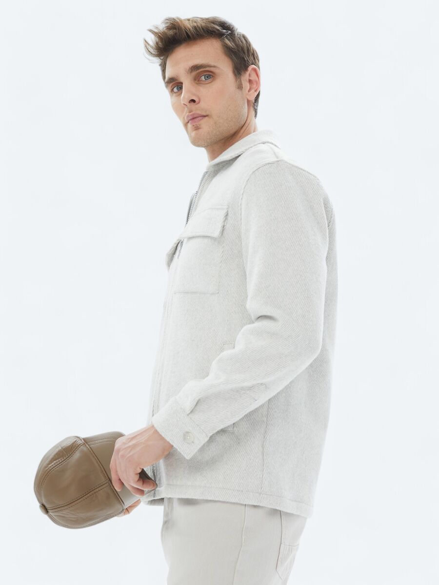Açık Gri Regular Fit Uzun Dokuma Overshırt - 5