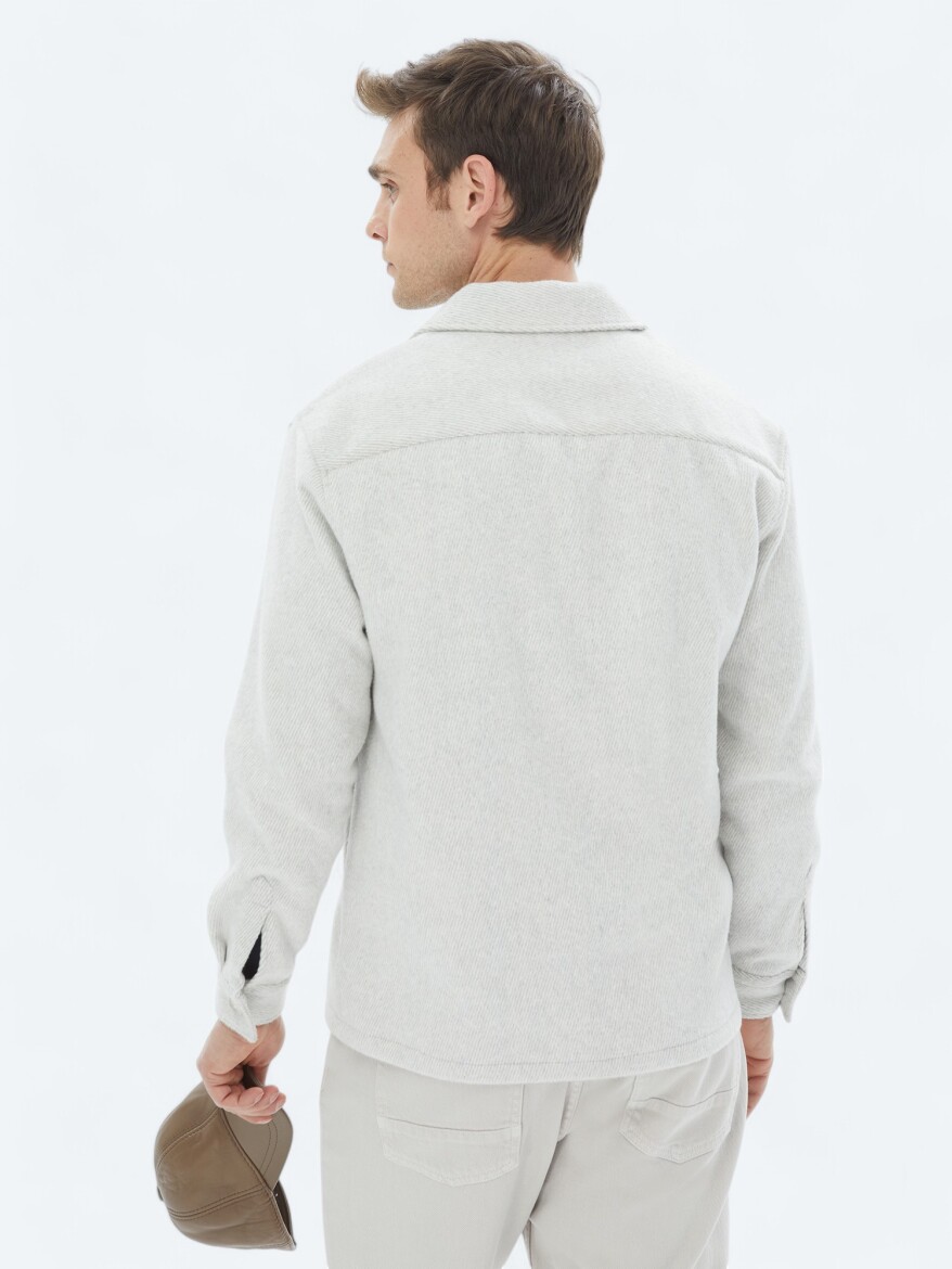 Açık Gri Regular Fit Uzun Dokuma Overshırt - 7