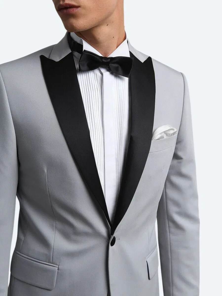 Açık Gri Slim Fit Kelebek Yaka Dokuma Smokin Takım Elbise - 3