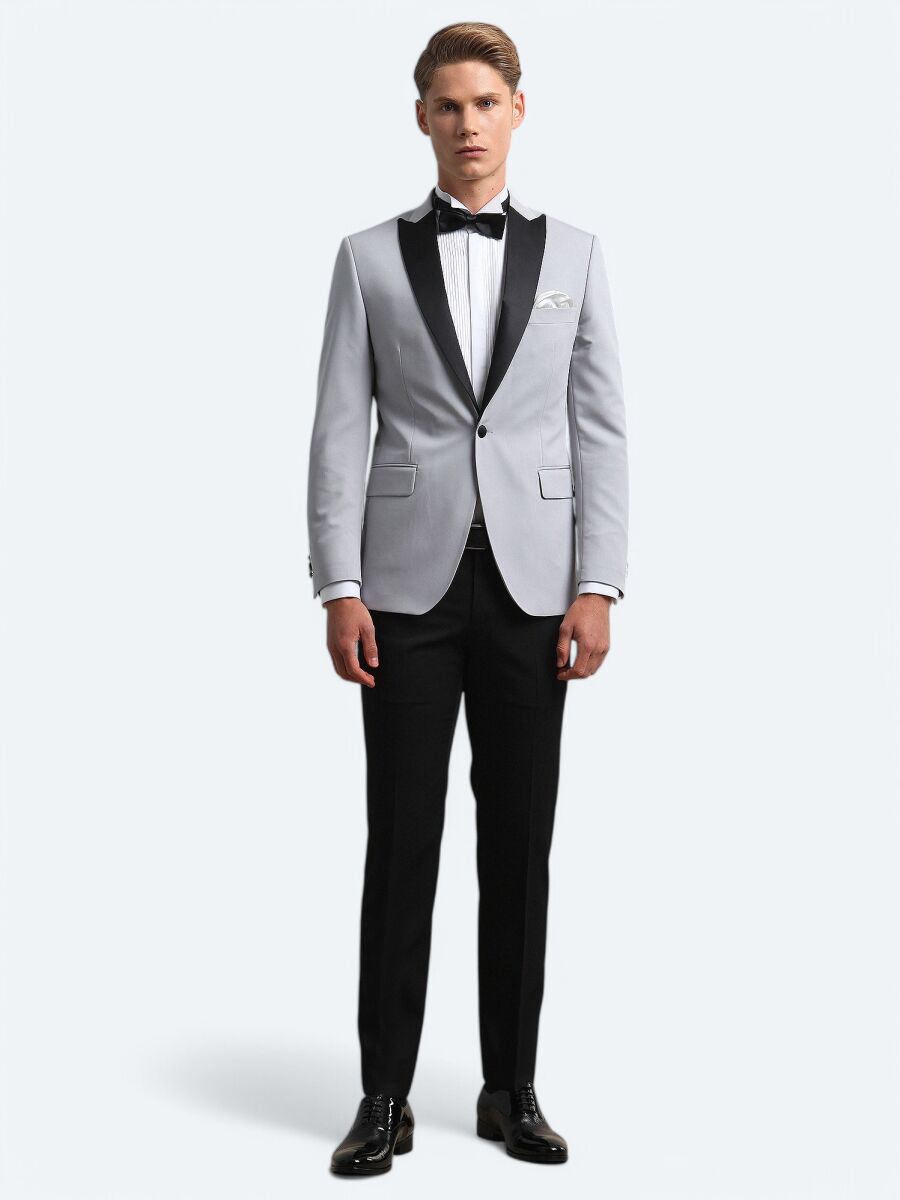 Açık Gri Slim Fit Kelebek Yaka Dokuma Smokin Takım Elbise - 1