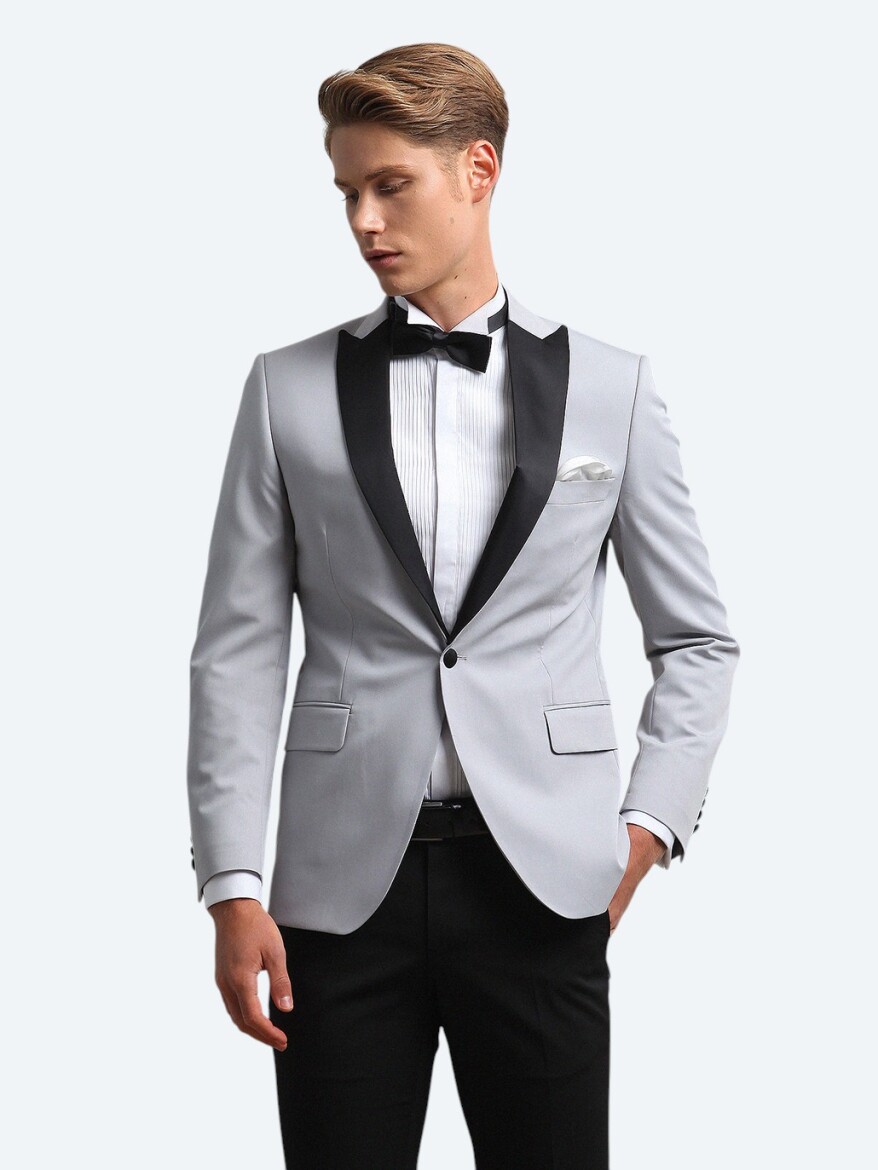 Açık Gri Slim Fit Kelebek Yaka Dokuma Smokin Takım Elbise - 2