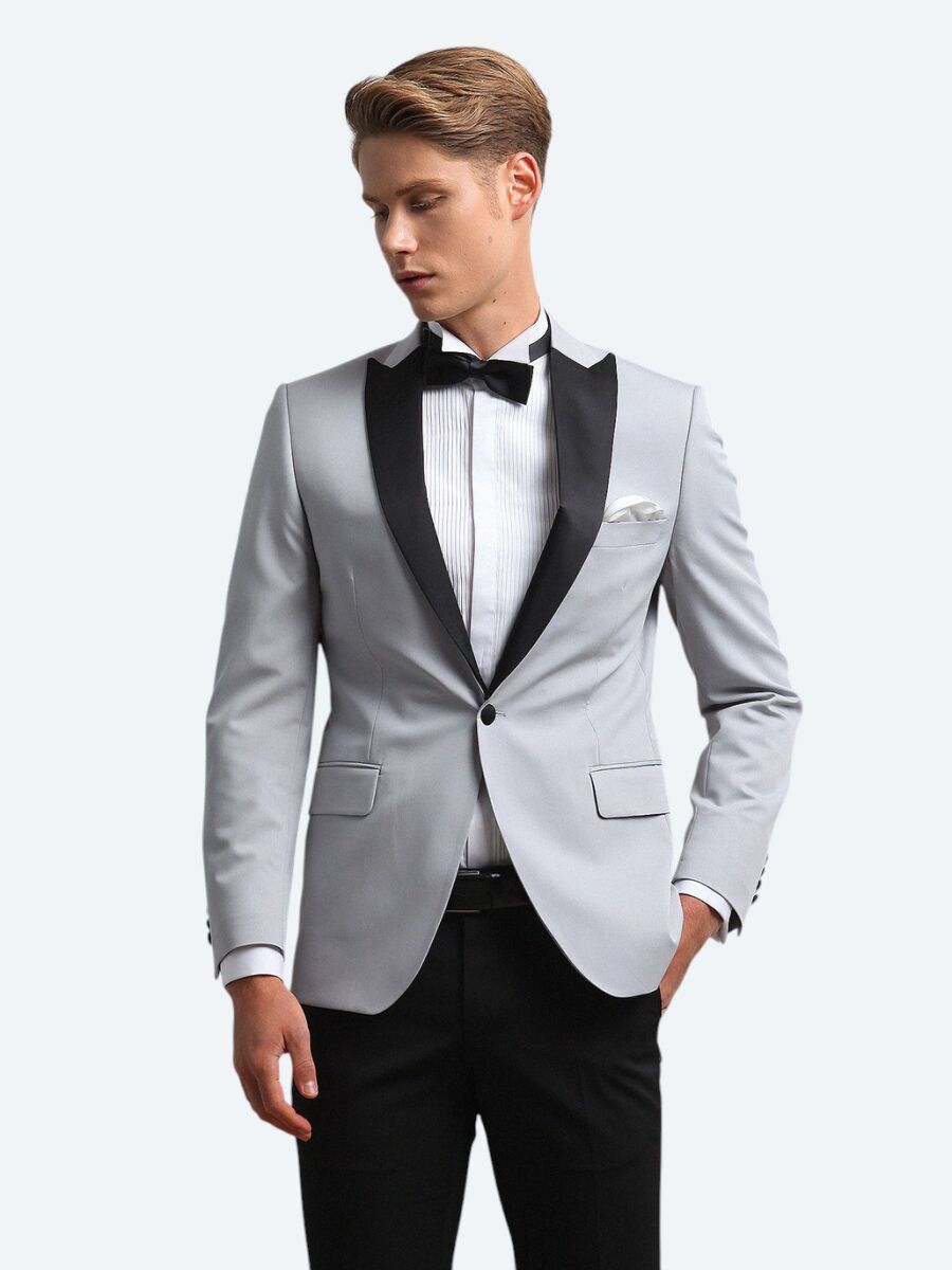 Açık Gri Slim Fit Kelebek Yaka Dokuma Smokin Takım Elbise - 2