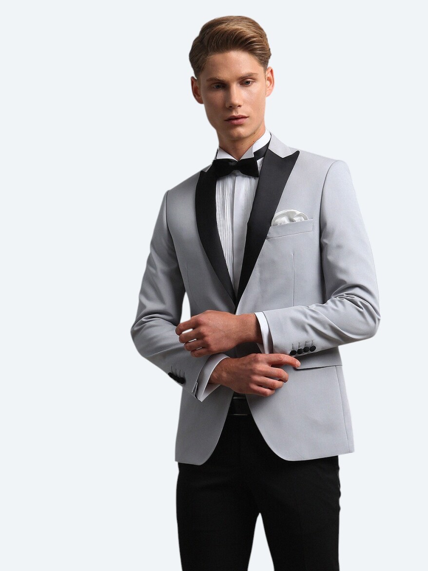 Açık Gri Slim Fit Kelebek Yaka Dokuma Smokin Takım Elbise - 4