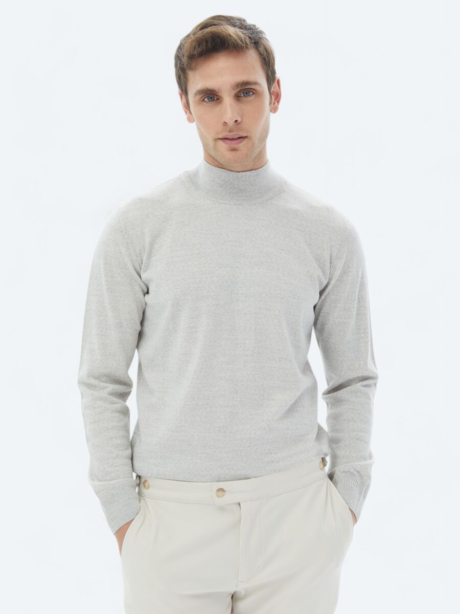 Açık Gri Yarım Balıkçı Yaka Düz Örgü Yün Karışımlı Triko Kazak - 1