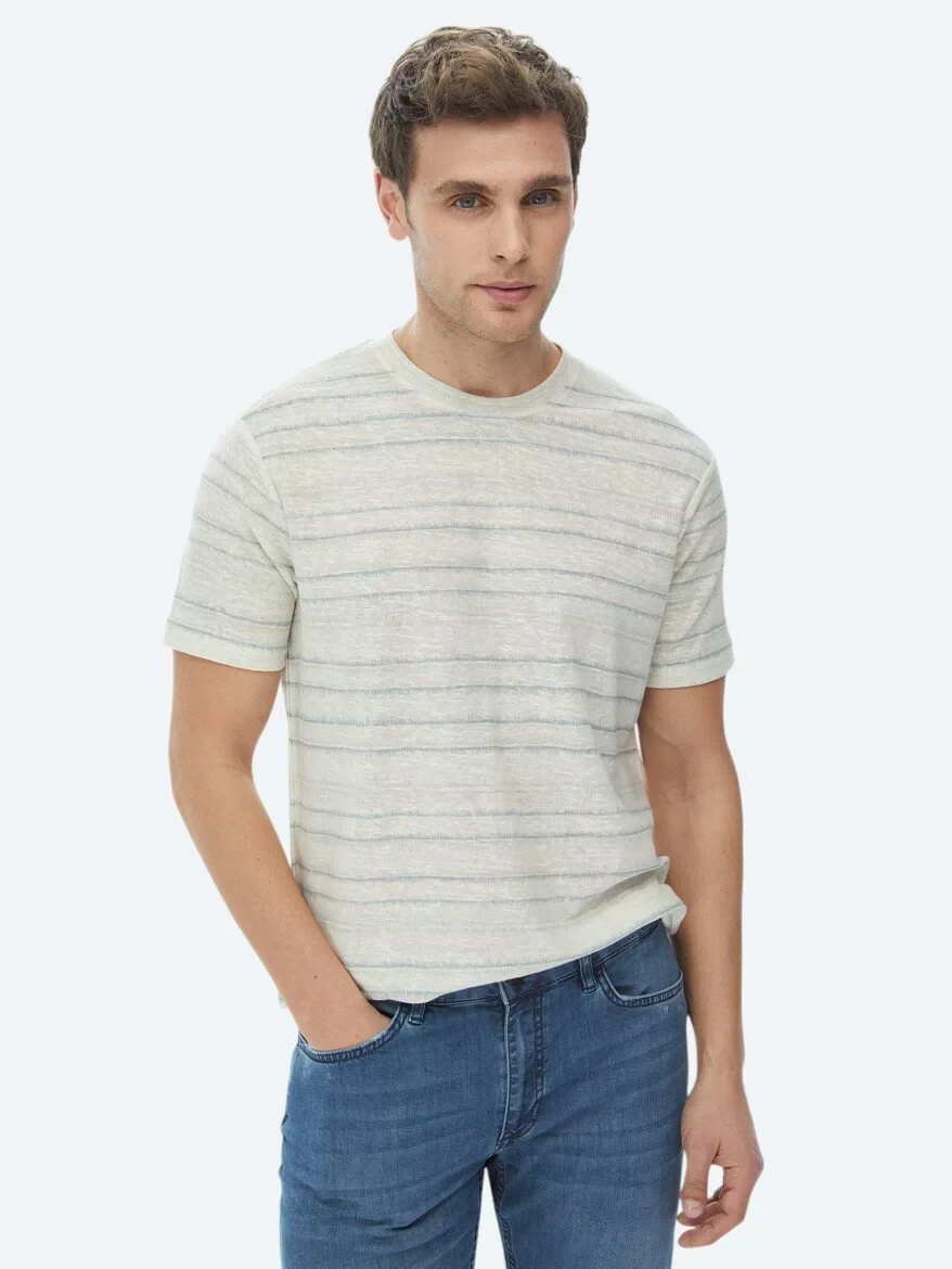 Açık Haki Baskılı Bisiklet Yaka Pamuk Karışımlı T-Shirt - 3