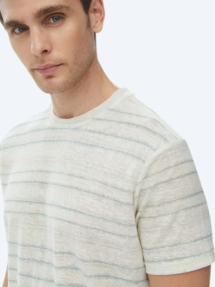 Açık Haki Baskılı Bisiklet Yaka Pamuk Karışımlı T-Shirt - 7