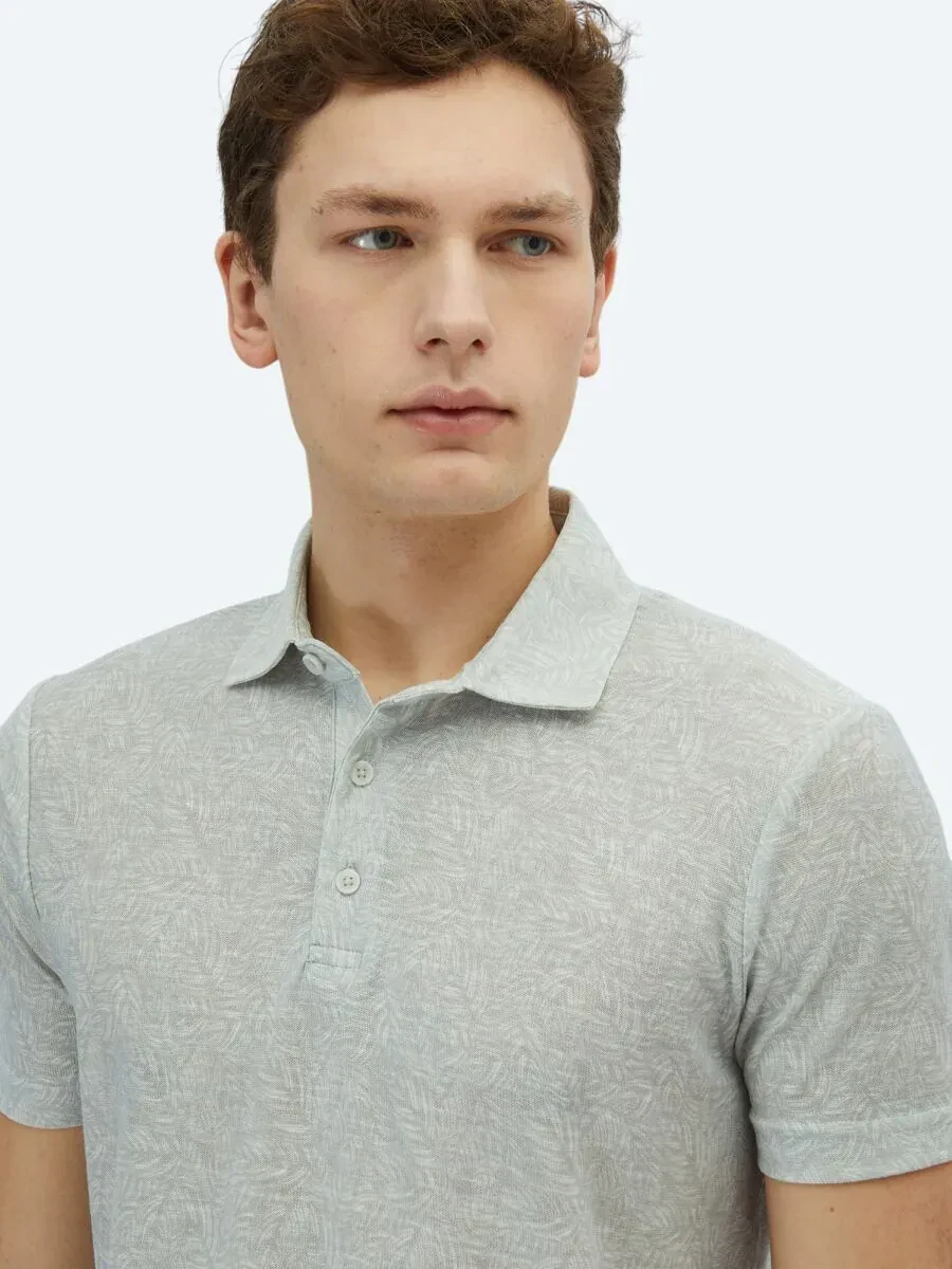 Açık Haki Baskılı Polo Yaka Pamuk Karışımlı T-Shirt - 3