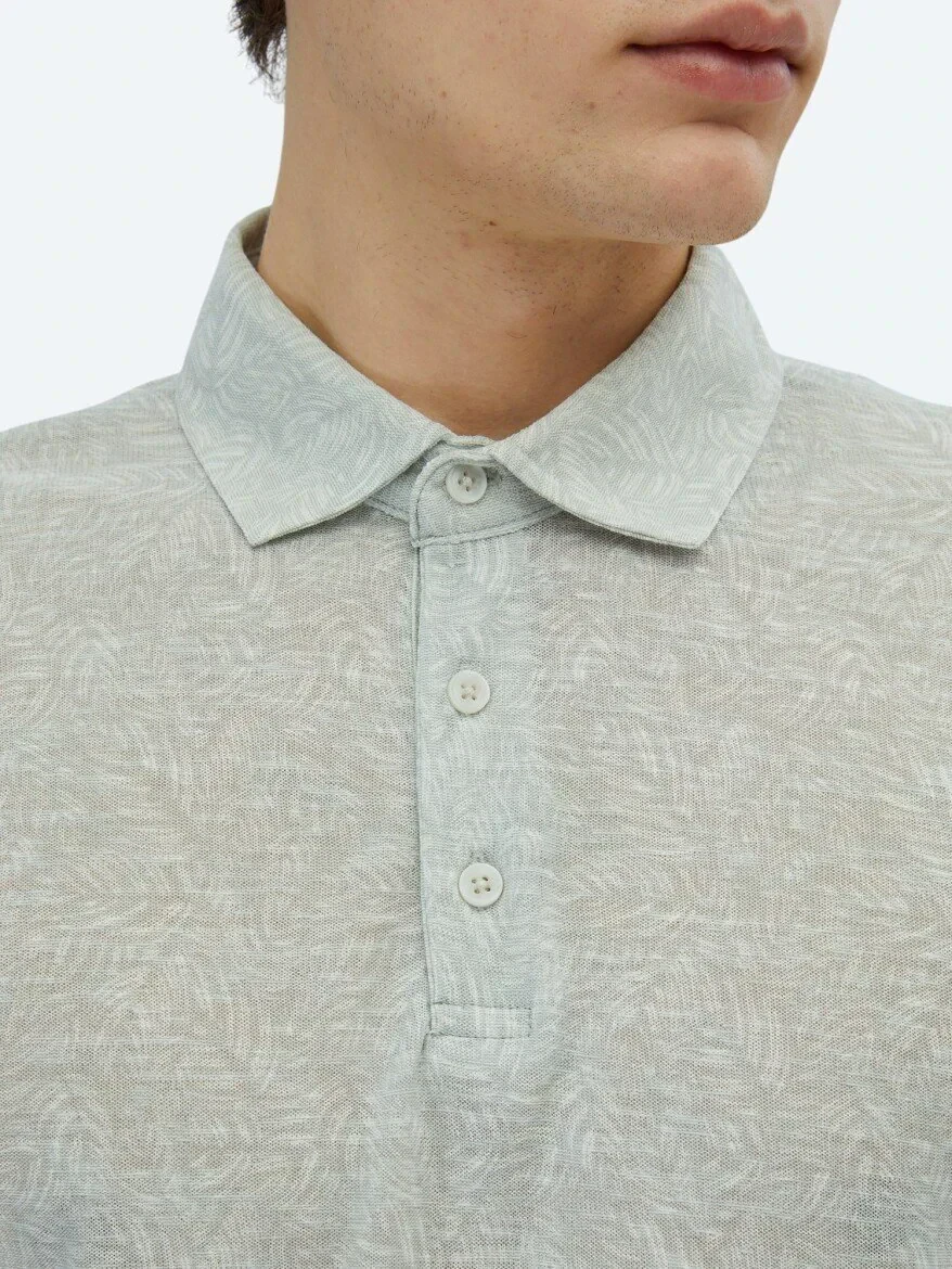 Açık Haki Baskılı Polo Yaka Pamuk Karışımlı T-Shirt - 4