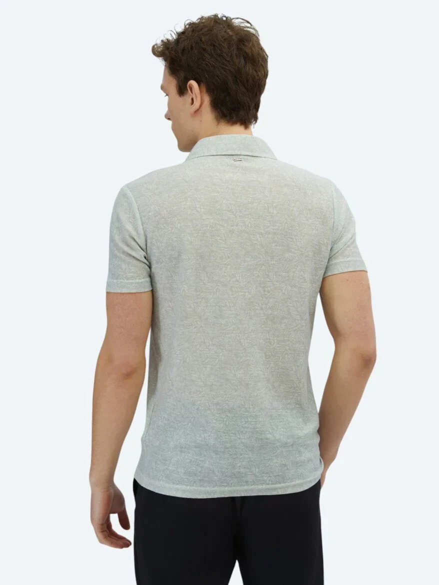 Açık Haki Baskılı Polo Yaka Pamuk Karışımlı T-Shirt - 5